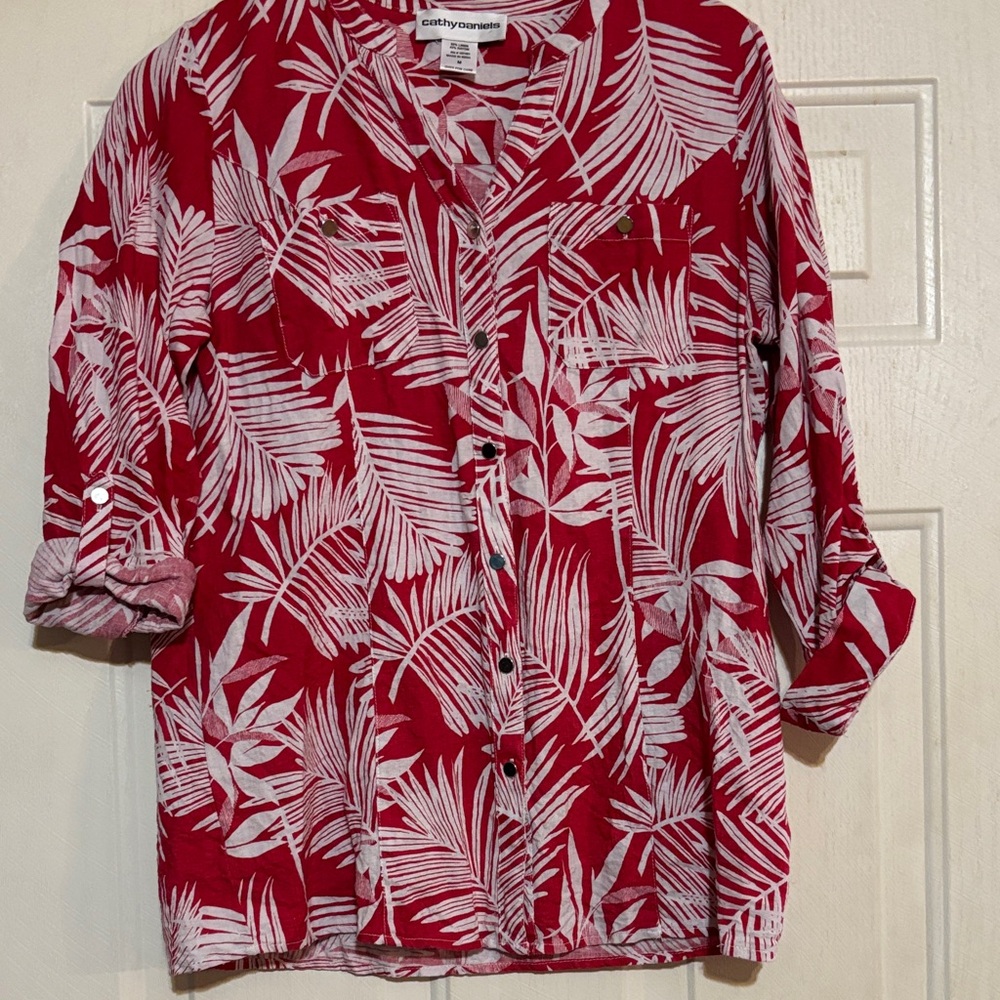 Cathy Daniels Women's Red and White Leaf Print‎ Blouse
